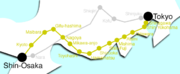 Proposed Chuo Shinkansen route (gray) and existing Tokaido Shinkansen route (gold).