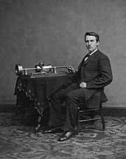 Photograph of Edison with his phonograph, taken by Mathew Brady in 1877