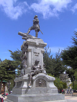 Memorial to Ferdinand Magellan in Punta Arenas (Chile). The statue looks towards the Straits of Magellan