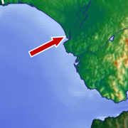 The arrow points to the city of Sanlúcar de Barrameda on the delta of the Guadalquivir River, in Andalusia.