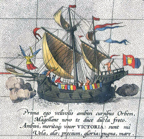 Image:Detail from a map of Ortelius - Magellan's ship Victoria.png