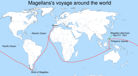One of Magellan's ships circumnavigated the globe, finishing 16 months after the explorer's death.