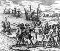Christopher Columbus landing on Hispaniola in 1492.