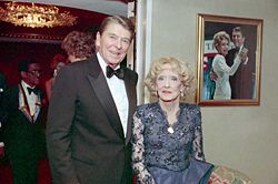 Davis with President Ronald Reagan at the Kennedy Center on December 6, 1987. Davis and Reagan had once acted together in Hollywood.
