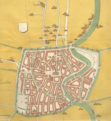 Map of Haarlem, the Netherlands, of around 1550. The city is completely surrounded by a city wall and defensive canal. The square shape was inspired by Jerusalem.
