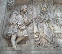 Columbus and Queen Isabella. Detail of the Columbus monument in Madrid (1885).