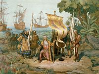 A depiction of Columbus claiming possession of the New World in a chromolithograph made by the Prang Education Company in 1893.