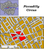 The West End and Piccadilly Circus,  51°30′36″N, 0°8′4″W.