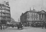 Piccadilly Circus in 1896, with a view towards Leicester Square via Coventry Street. London Pavilionis on the right, and the Shaftesbury memorial fountain on the left.