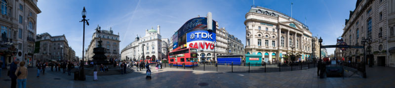 A panoramic view of Piccadilly Circus from the southern side in front of Lillywhites.
