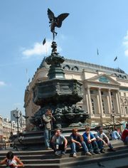 Piccadilly Circus memorial fountain, with Anteros, popularly referred to (wrongly) as either The Angel of Christian Charity, or Eros, one of the first statues to be cast in aluminium.