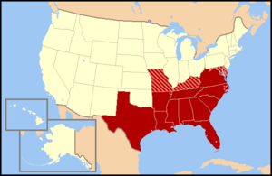 Historic Southern United States. The states in red were in the Confederacy and have historically been regarded as forming "the South." Sometimes they are collectively referred to as "Dixie." Those in stripes were considered "Border" states, and gave varying degrees of support to the Southern cause although they remained in the Union. (This image depicts the original, trans-Allegheny borders of Virginia, and so does not show West Virginia separately. See image below for post-1863 Virginia and West Virginia borders.)