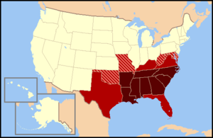 Modern definition The states in dark red are almost always included in modern day definitions of the South, while those in medium red are usually included. Maryland and Missouri are occasionally considered Southern, while Delaware is only rarely considered part of the South. Oklahoma is sometimes considered Southern because the area of Oklahoma, then known as Indian Territory, was allied with the Confederacy. West Virginia is often considered Southern, because it was once part of Virginia.  