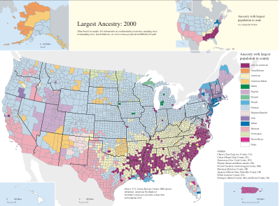 Plurality ancestry per US county, 2000:  German  English  Norwegian Finnish Dutch  Mexican  Spanish  Native  "American"   African American Irish  French Italian