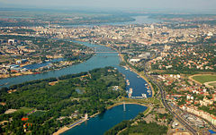 Aerial view of Belgrade downtown and river shores
