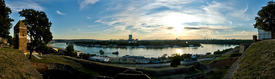 River Sava in Belgrade, joins the Danube (far right)