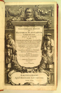 Frontispiece to a 1644 version of the expanded and illustrated edition of Historia Plantarum (ca. 1200), which was originally written around 200 BC