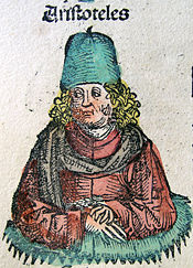 Aristotle portrayed in the 1493 Nuremberg Chronicle as a 15th-century-A.D. scholar.