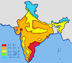 Temperature averages in India; units are in degree Celsius.