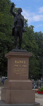 Statue of Edmund Burke in Bristol. The inscription reads: Burke 1774-1780. "I wish to be a member of parliament to have my share of doing good and resisting evil". Speech at Bristol 1780.