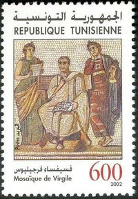 A stamp featuring a mosaic of Virgil which was discovered in a Tunisian villa from the 3rd century CE.