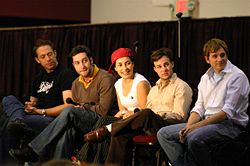 James Leary, Adam Busch, Iyari Limon, Danny Strong and Tom Lenk on a panel at the 2004 Moonlight Rising fan convention