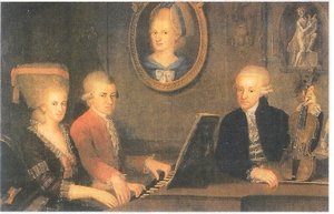 Family portrait from about 1780 by Johann Nepomuk della Croce: Nannerl, Wolfgang, Leopold. On the wall is a portrait of Mozart's mother, who had died in 1778.