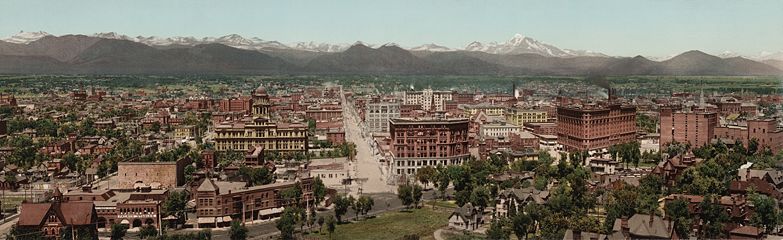 Panorama of Denver circa 1898. Image is facing northwest, looking down 16th St. with the old Arapahoe County courthouse on the left, taken from the top of the Colorado State Capitol