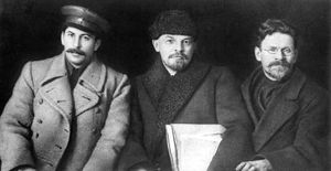 Joseph Stalin, Vladimir Lenin, and Mikhail Kalinin meeting in 1919. All three of them were "Old Bolsheviks"; members of the Bolshevik party before the Russian Revolution of 1917.