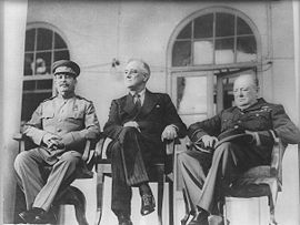 The Big Three: Stalin, U.S. President Franklin D. Roosevelt, and British Prime Minister Winston Churchill at the Tehran Conference, November 1943.