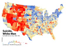 United States suicide rates for white men, by Health Service Area, 1988–1992. This map and the map at right use the same color scale: note the large difference in rates between men and women.  The regional patterns for men and women are similar, but not the same. From [3].