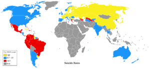 World map of suicide rates per 100,000.