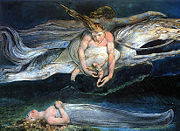 Pity by William Blake, 1795, Tate Britain, is an illustration of two similes in Macbeth: "And pity, like a naked new-born babe, / Striding the blast, or heaven's cherubim, hors'd / Upon the sightless couriers of the air".