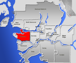 Location of Vancouver within the Metro Vancouver district in British Columbia, Canada