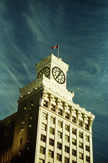 Clock tower of the Vancouver Block on Granville Street, constructed by Dominic Burns of the Burns Meat family