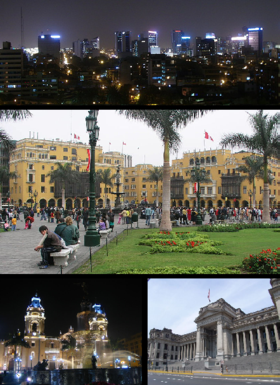Top: Lima skyline, Middle: Plaza Mayor de Lima, Bottom left: Cathedral of Lima, Bottom right: Palace of Justice.