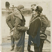 Amelia Earhart being greeted by Mrs. Foster Welch, Mayor of Southampton, 20 June 1928