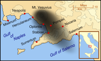 Pompeii and other cities affected by the eruption of Mount Vesuvius. The black cloud represents the general distribution of ash and cinder. Modern coast lines are shown.