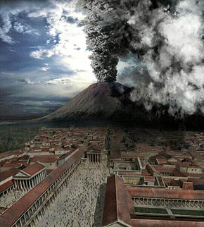 A computer-generated depiction of the eruption of Vesuvius in 79 which buried Pompeii (from BBC's Pompeii: The Last Day). The depiction of the Temple of Jupiter, facing the forum, and the Temple of Apollo, across the portico to the left, are nonetheless inaccurate, and the shown state of the porticoes around the forum is also at least questionable, as they all appear intact during this recreation of the 79 eruption; it is widely known that at least the Temples of Jupiter and Apollo had been destroyed 17 years before, during the 62 earthquake, and that they had not been rebuilt by the time the city was finally destroyed in the 79 eruption