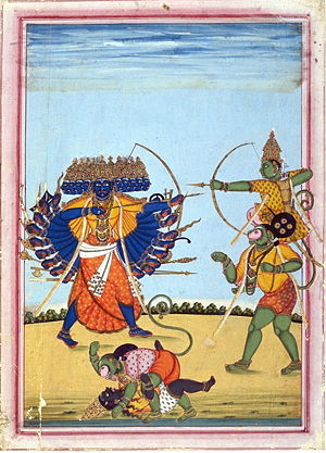 Rama (right) seated on the shoulders of Hanuman, battles the demon-king Ravana.
