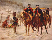 Washington and Lafayette look over the troops at Valley Forge.