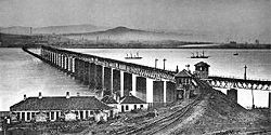 The original Tay Bridge (from the south) the day after the disaster. The collapsed section can be seen near the northern end