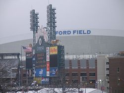 Ford Field on Super Bowl XL Sunday, countdown to kickoff on Comerica Park's score board.