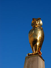 One of a number of golden owl sculptures outside Leeds Civic Hall