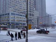 Mid-Winter scene at the intersection of Dundas Street and University Avenue
