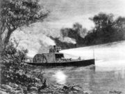 Drawing of a paddle steamer travelling the Murray at night, c.1880