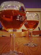 Leffe, a Belgian beer, served in branded glasses