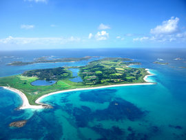 Looking across Tresco, one of the 5 inhabited islands of the Isles of Scilly 28 miles from the coast of Cornwall in the United Kingdom