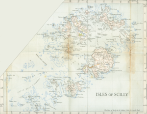 A map of the Isles of Scilly from 1945