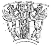 The Sumerian god Ningizzida was the patron of medicine. In the image he is accompanied by two gryphons. A similar image with two snakes coiling around a rod is called the Caduceus and, although historically inappropriate, appears in the logo/emblem of a significant number of private (rather than professional or academic) medical practices.